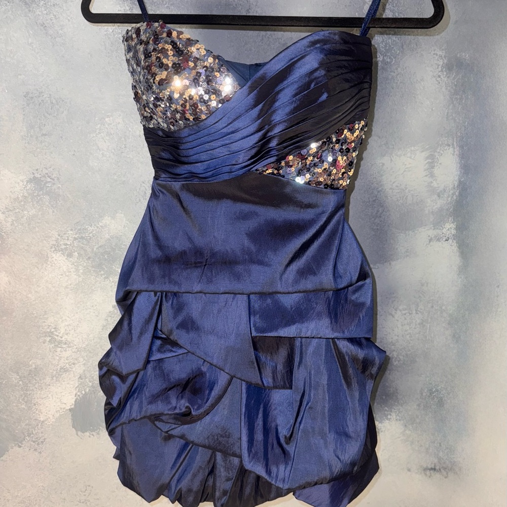 David's Bridal — Strapless Blue Homecoming/Prom Dress with Sequins